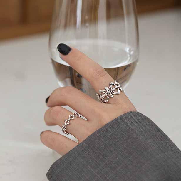 Simple Hollow Four Leaf Clover 925 Sterling Silver Adjustable Ring