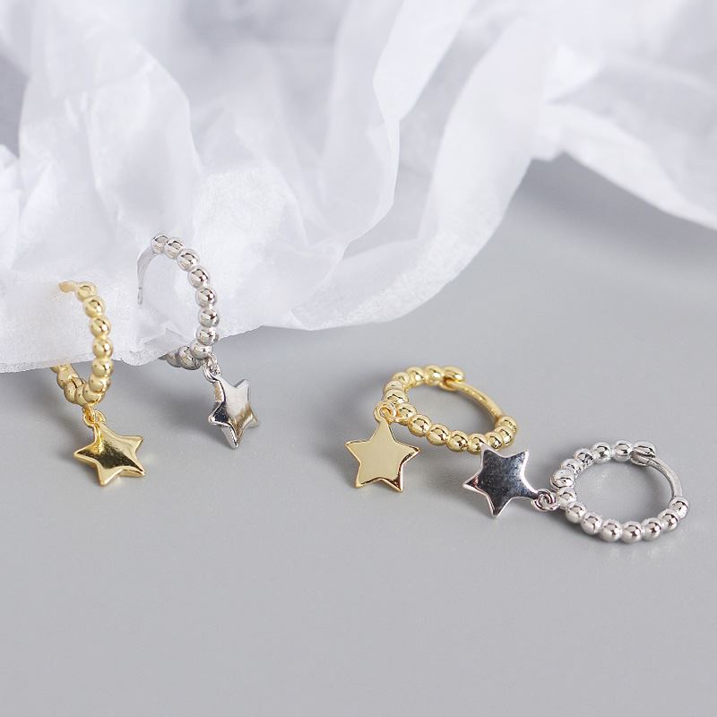 Mini Stars Girl 925 Sterling Silver Beads Hoop Earrings