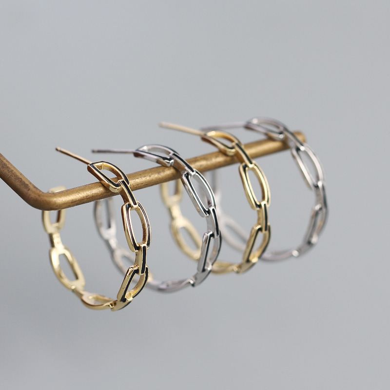 Simple Geometry Hollow Chain C Shape 925 Sterling Silver Hoop Earrings