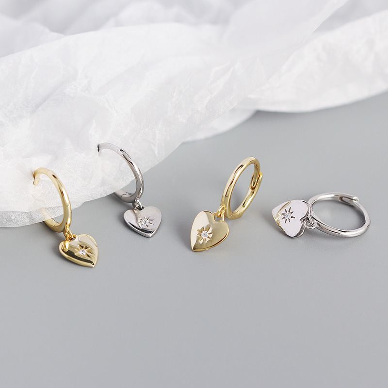 CZ Star Anniversary Heart 925 Sterling Silver Hoop Earrings