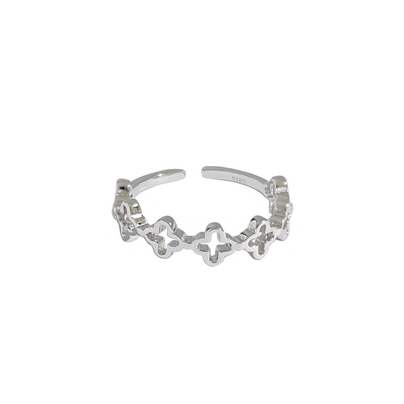 Simple Hollow Four Leaf Clover 925 Sterling Silver Adjustable Ring