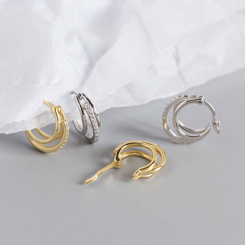 Fashion CZ Three Circle Geometry 925 Sterling Silver Hoop Earrings