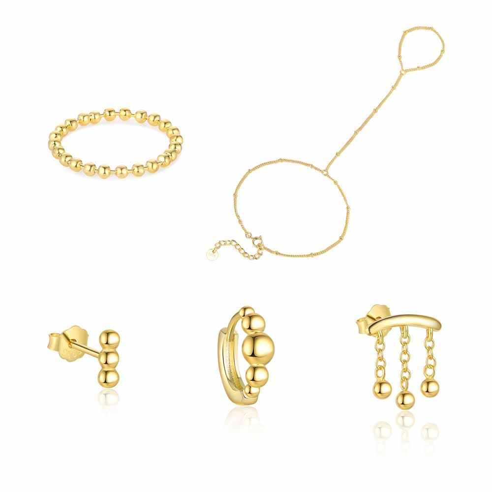 Fashion Golden Beads Tassles 925 Sterling Silver Earrings Necklace Bracelet Adjustable Ring