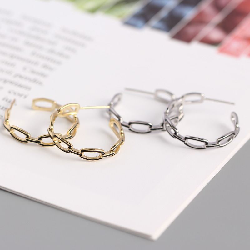 Simple Geometry Hollow Chain C Shape 925 Sterling Silver Hoop Earrings