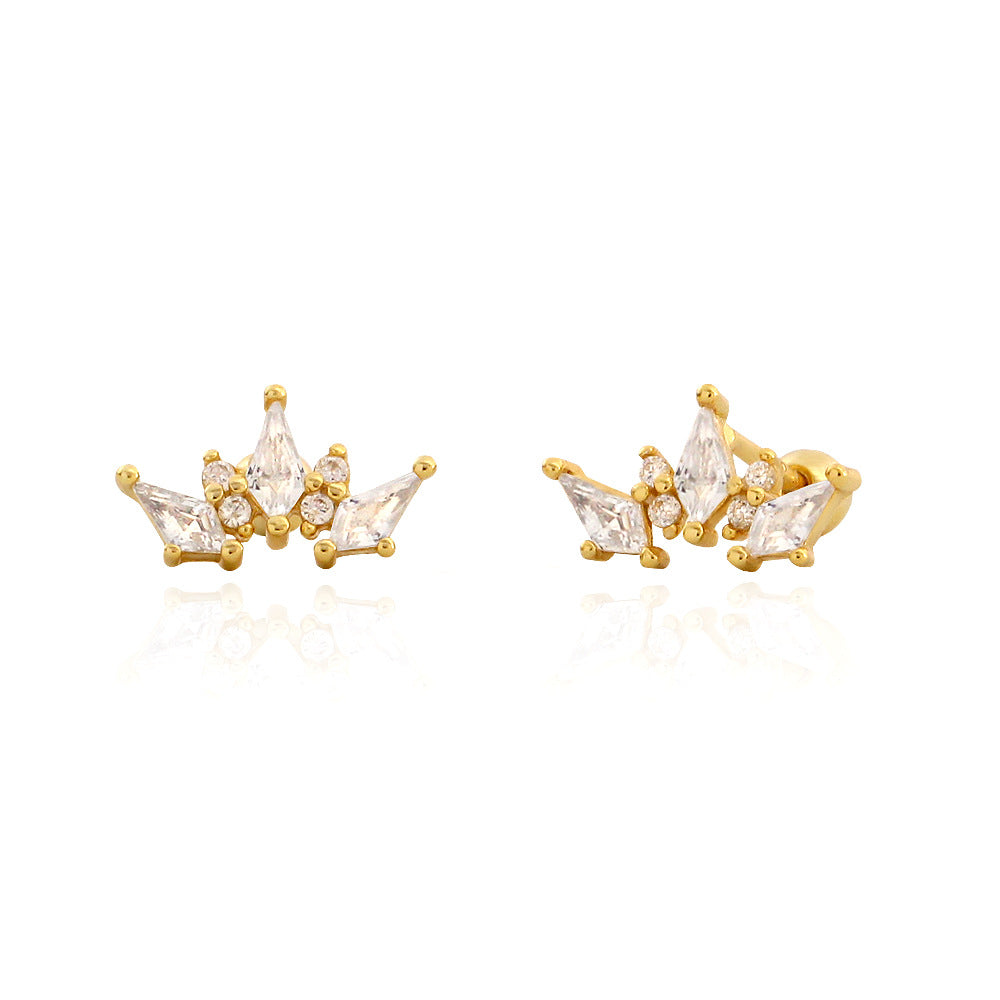 Women Elegant Geometry Rhombus CZ Crown 925 Sterling Silver Stud Earrings