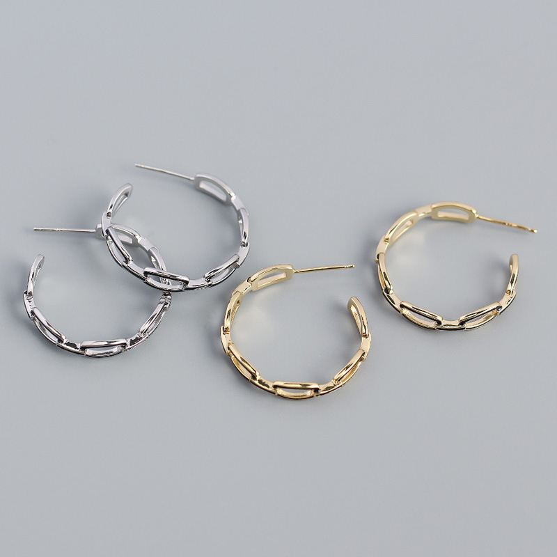 Simple Geometry Hollow Chain C Shape 925 Sterling Silver Hoop Earrings