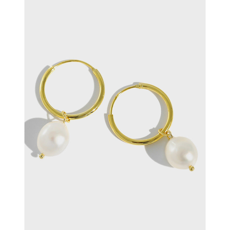 S925 pure silver INS simple temperament geometric Baroque freshwater pearl women's earrings
