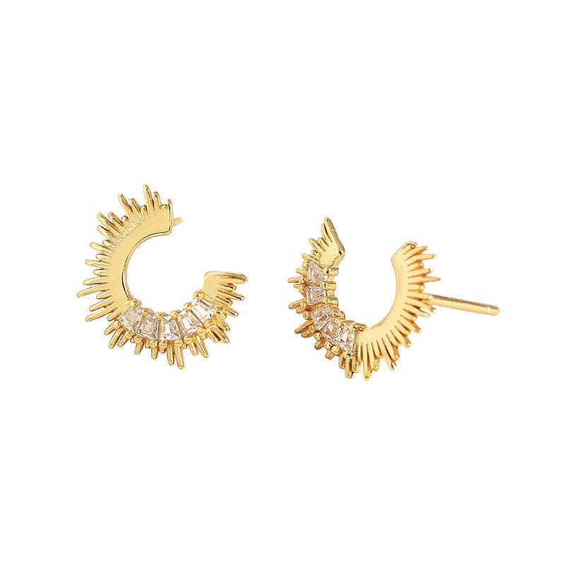 Party Irregular C Shape CZ Sunshine 925 Sterling Silver Stud Earrings
