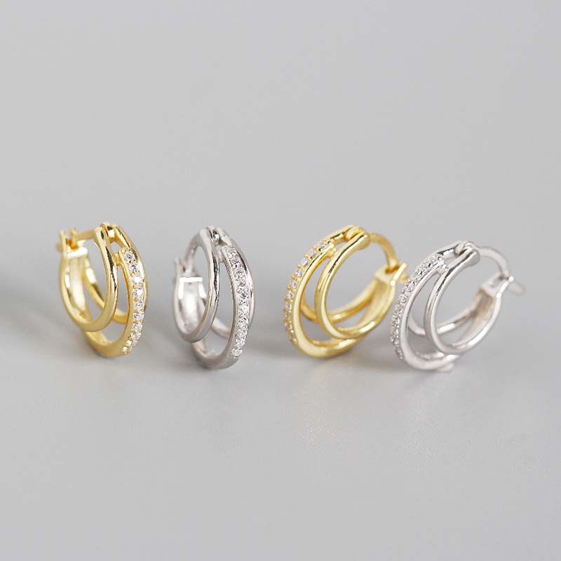 Fashion CZ Three Circle Geometry 925 Sterling Silver Hoop Earrings
